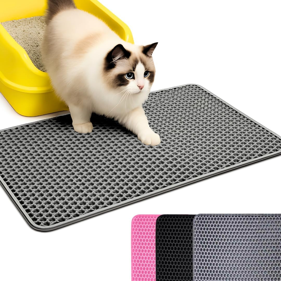 Andalus Brands Large Cat Litter Mat - Waterproof & Urine-Proof Litter Box Mat, Non-Slip Kitty Litter Mats for Floor, Easy to Clean Litter Trapping Design (30" X 24", Grey)