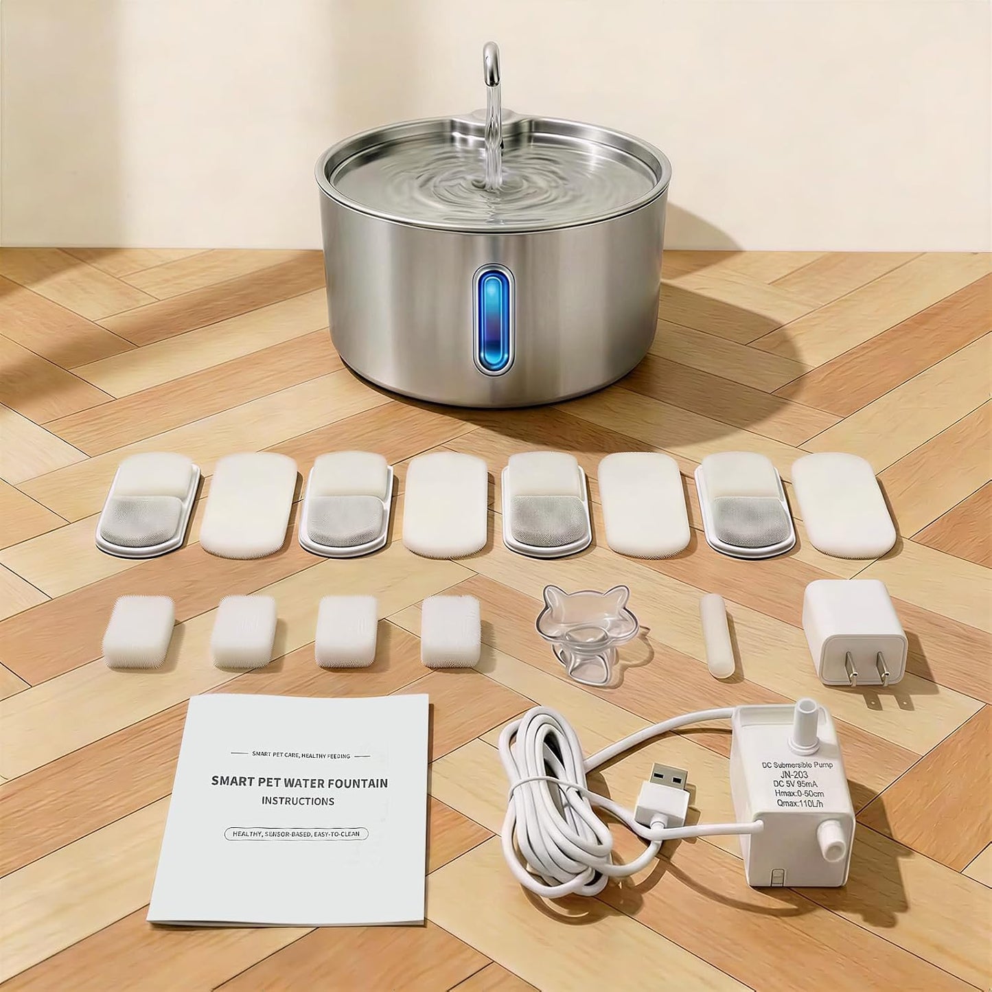 Stainless Steel Cat Water Fountain, 4L/135Oz Large Capacity Automatic Pet Water Fountain for Cats & Small Dogs, Quiet USB Powered Pet Water Dispenser with 4 Filters & 4 Sponges