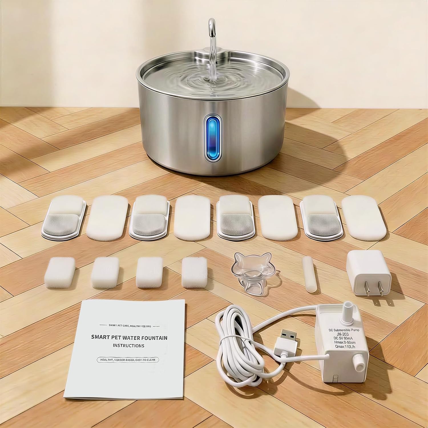 Stainless Steel Cat Water Fountain, 4L/135Oz Large Capacity Automatic Pet Water Fountain for Cats & Small Dogs, Quiet USB Powered Pet Water Dispenser with 4 Filters & 4 Sponges