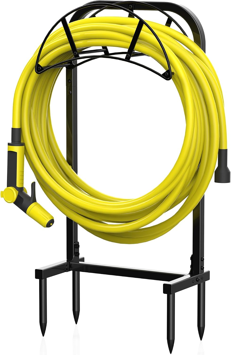 Suchek Garden Hose Holder, Upgraded 4 Spikes Water Hose Holder, Heavy Duty Hose Stand Holds 150Ft Hose, Freestanding Hose Hanger, Hose Storage Organizer for outside Yard Lawn (Black)