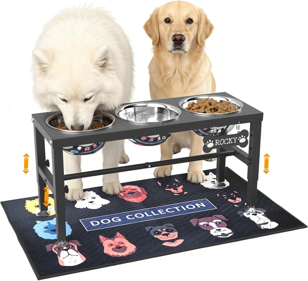 3-In-1 Elevated Dog Feeder with 3 Stainless Steel Bowls, Heavy Iron Stand, Custom Name Plate, Non-Slip Mat - Easy Clean for Multiple Dogs