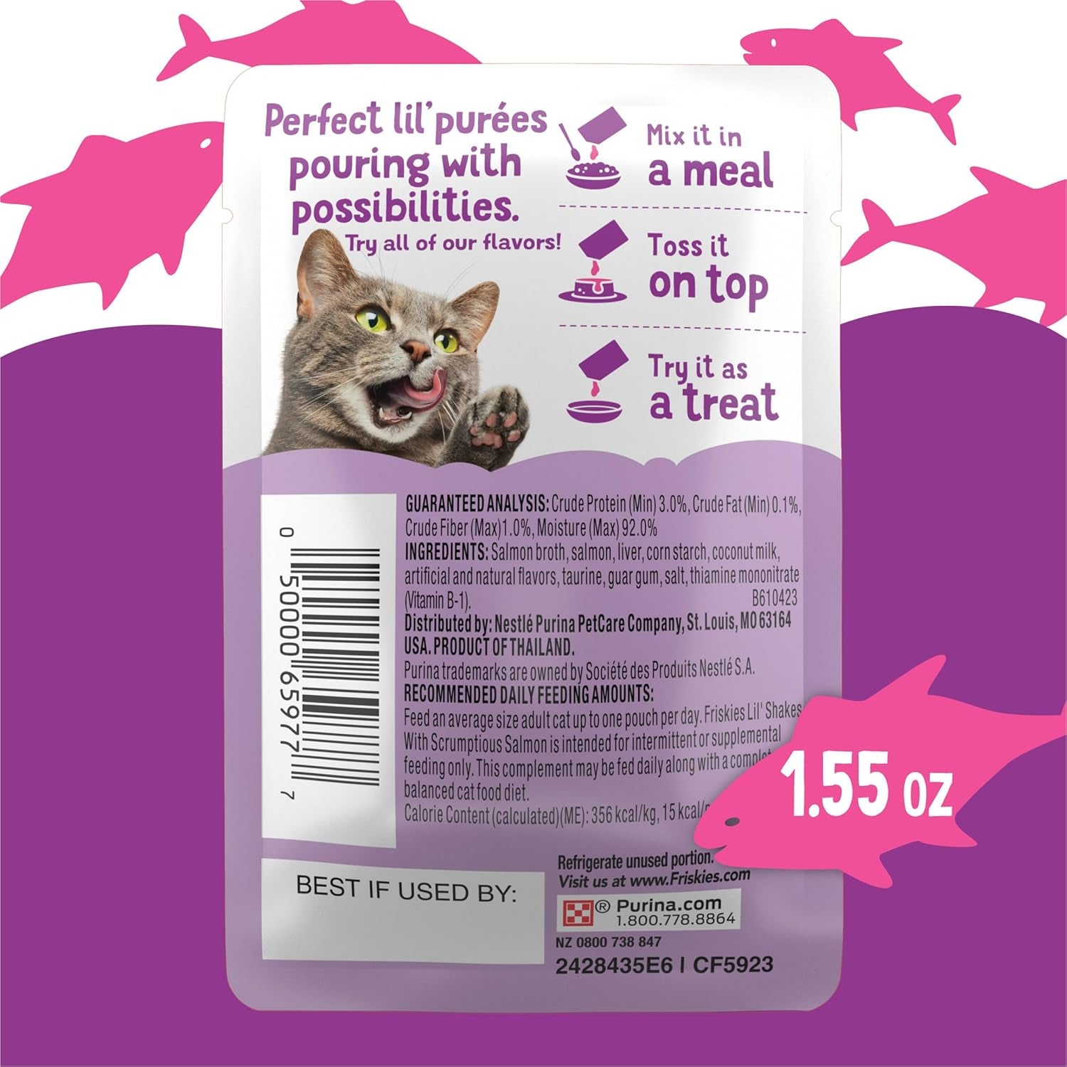 Purina Friskies Pureed Cat Food Topper, Lil’ Shakes with Scrumptious Salmon Lickable Cat Treats - (Pack of 16) 1.55 Oz. Pouches