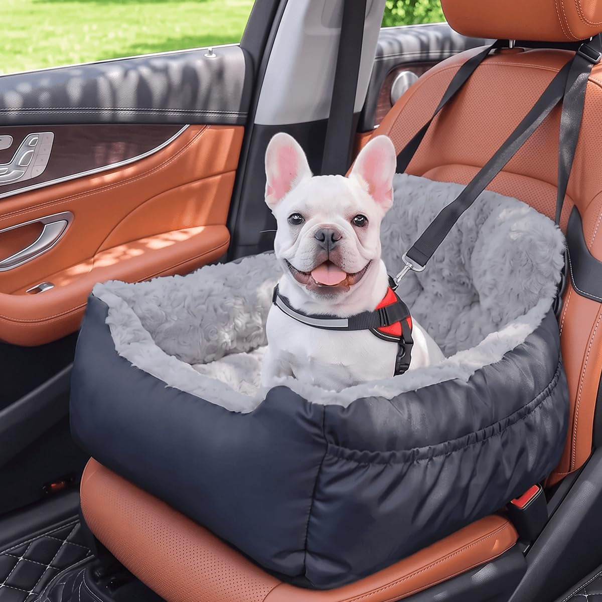 Oiilores Dog Car Seat for Small Dogs, Washable Pet Booster Car Seats with Clip-On Safty Leash, Comfy Deluxe Plush Carseat with Storage Pockets, Puppy Travel Carrier Bed for Dogs under 25 Lbs, Grey