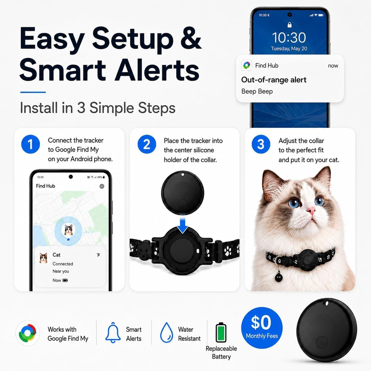 Smart Cat GPS Collar - Waterproof Pet Tracker for Android, Google Find My Compatible, No Monthly Fee. Advanced Safety Solution for Small & Large Cats.(Android Only)