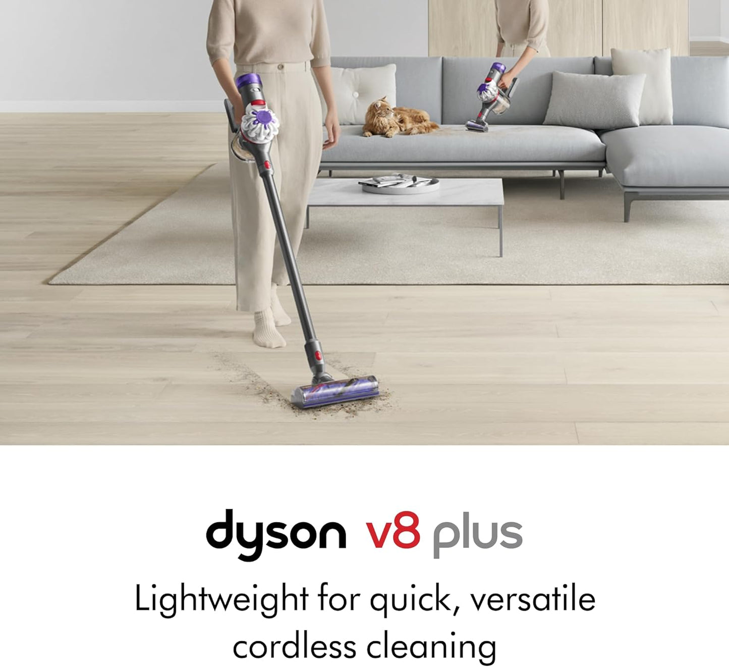 Dyson V8 plus Cordless Vacuum, Cleans Hard Floors and Carpets, Detangles, Converts to Handheld, 115AW, 2 Power Modes, up to 40 Minutes¹