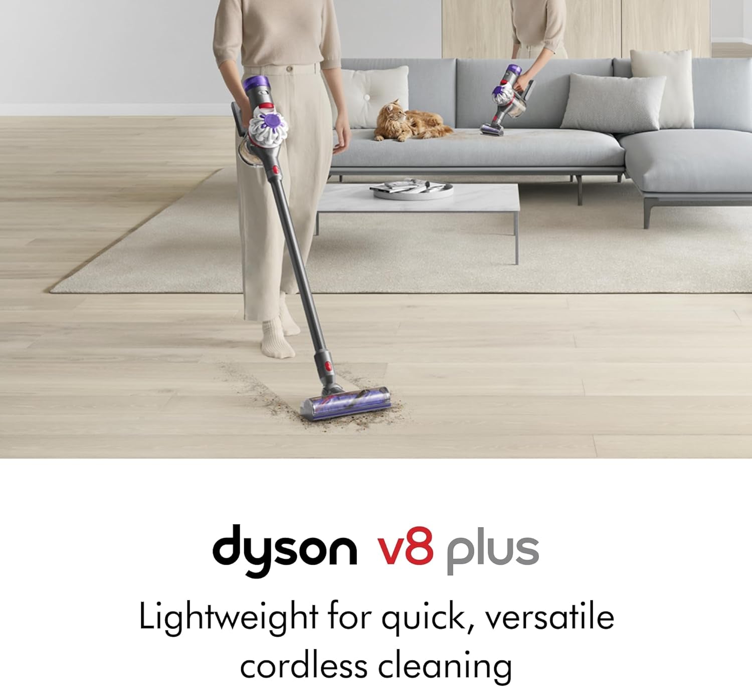 Dyson V8 plus Cordless Vacuum, Cleans Hard Floors and Carpets, Detangles, Converts to Handheld, 115AW, 2 Power Modes, up to 40 Minutes¹