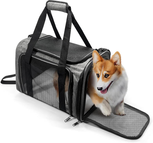 Pet Carrier for Small Dogs Cats, up to 15Lbs, Airline Approved Collapsible Travel Puppy Carrier, 17X11X11 Inches, Grey