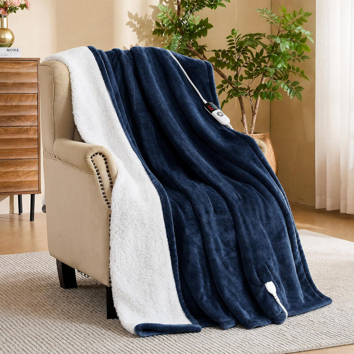 Puredown® Electric Blanket 50"X60", Soft Flannel Heated Throw Blanket, Navy