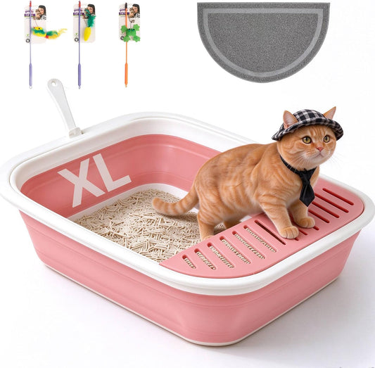 PAWISE Foldable Cat Litter Box, 20.9"X15.6"X5.5" Large Travel Litter Pan,Collapsible Litter Box with Low Entry for Kittens, Adult & Senior Cats, Anti-Splash Box with Scoop, Teaser Wand and Mat(Pink)