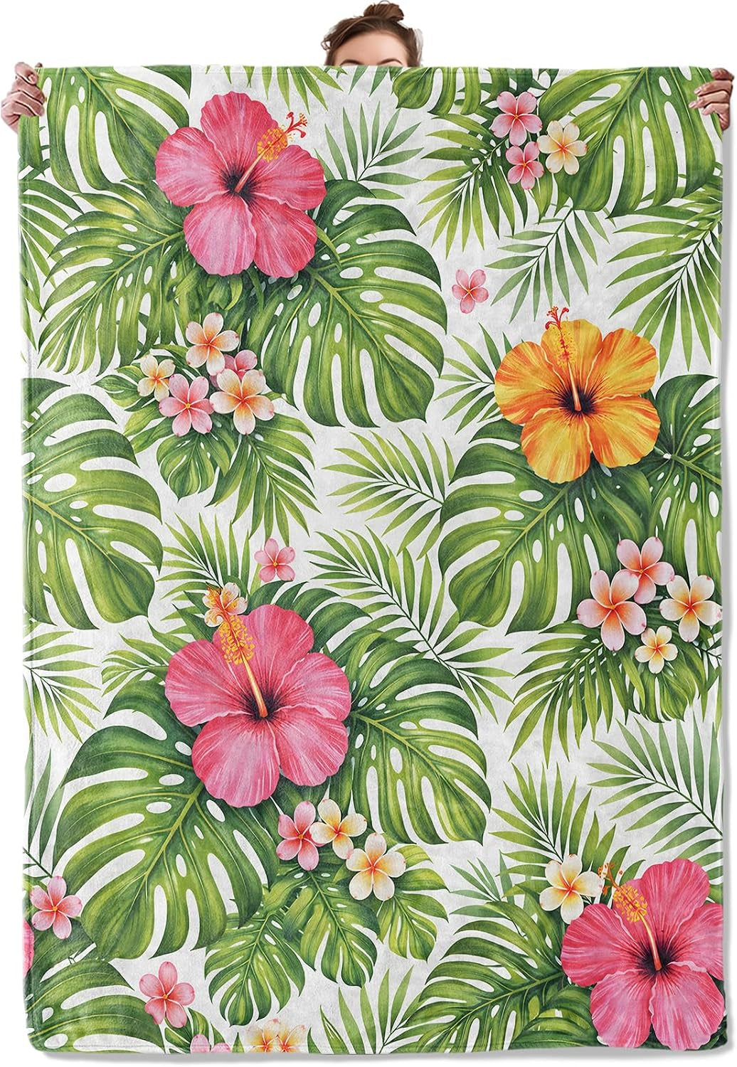 Tropical Botanical Throw Blanket, Vibrant Hibiscus Floral and Palm Leaf, Soft Flannel Fleece, 50X60 Inch, Couch Living Room Blankets for Women Nature Lovers, Cozy Summer Home Decor Gifts
