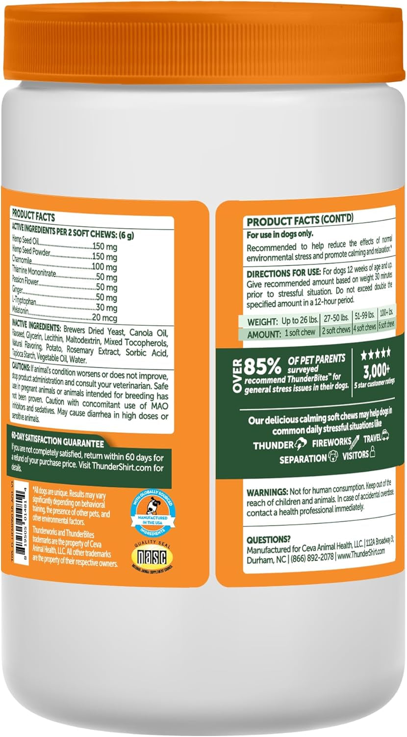 Thunderbites Hemp Calming Chews for Dogs, Everyday Use Can Help Relieve Stress from Separation, Storms, Fireworks & Travel (60 Count), Formerly Thunderwunders
