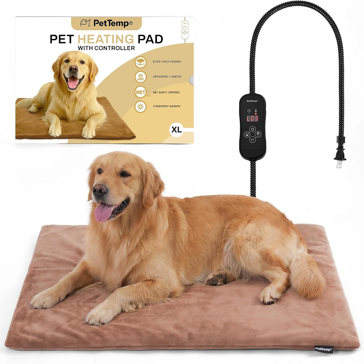 Upgraded Pet Heating Pad, 5 Adjustable Temperature & Timer, Chew-Resistant Electric Heated Dog Cat Bed, Auto Power-Off, Waterproof, 31.5" X 23.4"