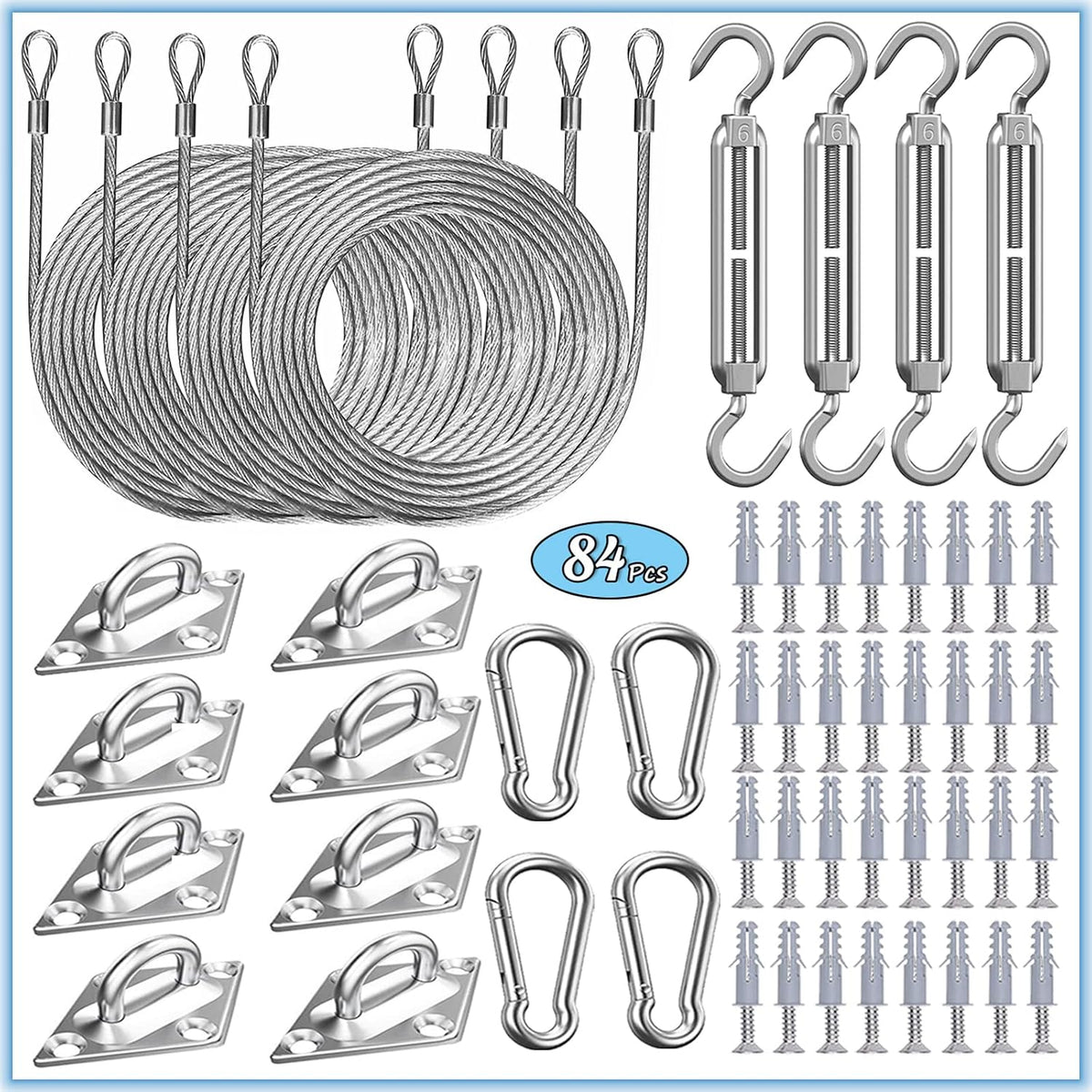 84 Pcs Sun Shade Sail Hardware Kit with Cable Wire Rope for Rectangle Square Triangle Shade Sail Installation, 6 Inch 304 Grade Stainless for Garden,Outdoors,Diy Crafts,Railing