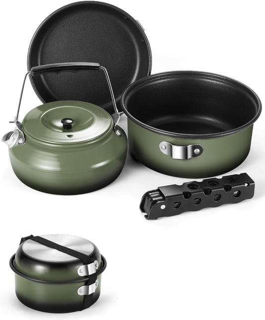 Odoland 5Pcs Camping Cookware Non-Stick Camping Pot and Pan Set with Kettle and Removable Handle for Hiking Backpacking and Picnic