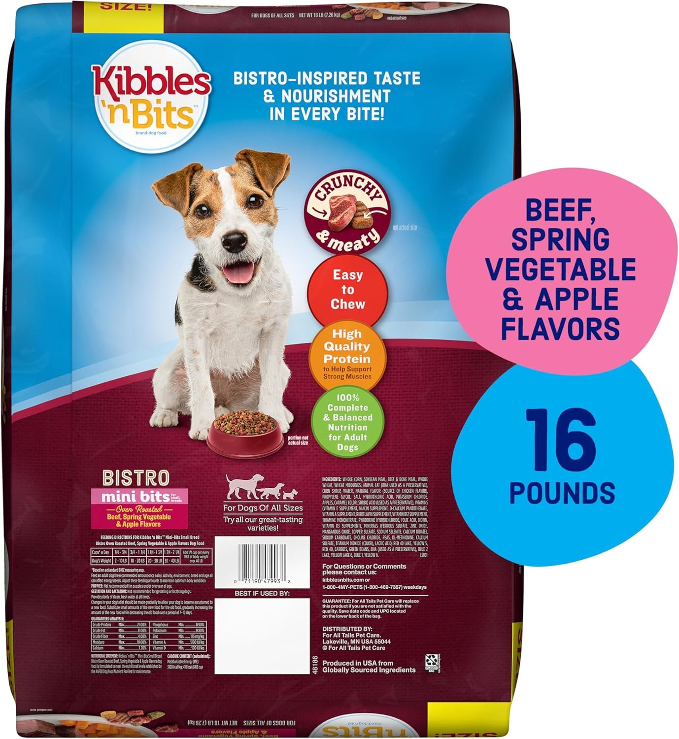 Kibbles 'N Bits Bistro Mini Bits Small Breed Dry Dog Food, Oven Roasted Beef, Spring Vegetable & Apple Flavors for Adult Dogs, 16 Lb. Bag