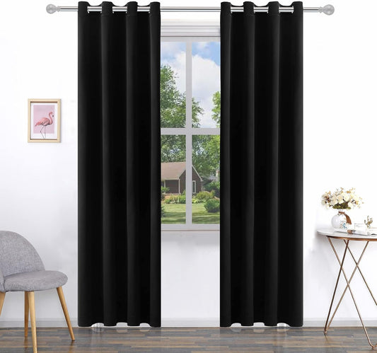 Pickluc Grommet Blackout Curtain for Living Room, Light Blocking Drapes, Thermal Insulated, Noise Reduction, 52 Inches Wide X 96 Inches Long, Black, 2 Panels