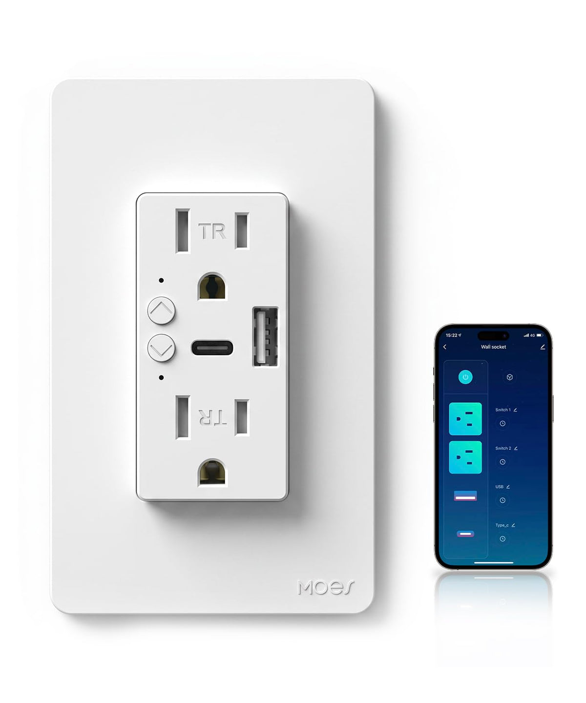 MOES Smart In-Wall Outlet, USB-C & USB-A, 15A, 2.4Ghz Wifi, No Hub Required