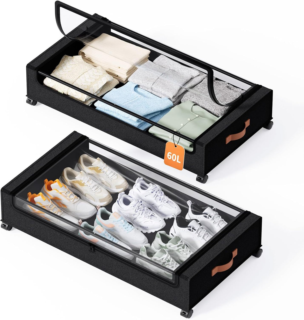 Yecaye 60 L under Bed Storage with Wheels, 2 Pack under Bed Storage Containers with Clear Window & Label, Rolling under Bed Shoe Storage Organizer for Clothes, Shoes, Black