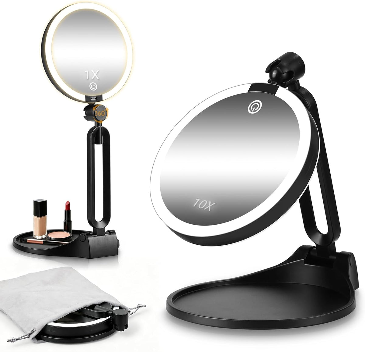 Travel Makeup Mirror with Lights,6" Portable Lighted Vanity Mirrors for Desk/Travel,1X+10X Double Sided Dimming LED Mirror with Adjustable Foldable Stand,Basic Magnifying Mirror for Apply Eyebrow