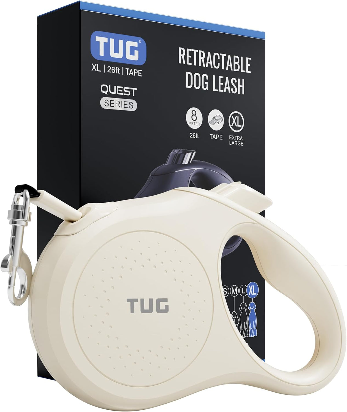 TUG Quest Retractable Dog Leash | 360° Tangle-Free | 26 Ft Tape (XL, Cream)