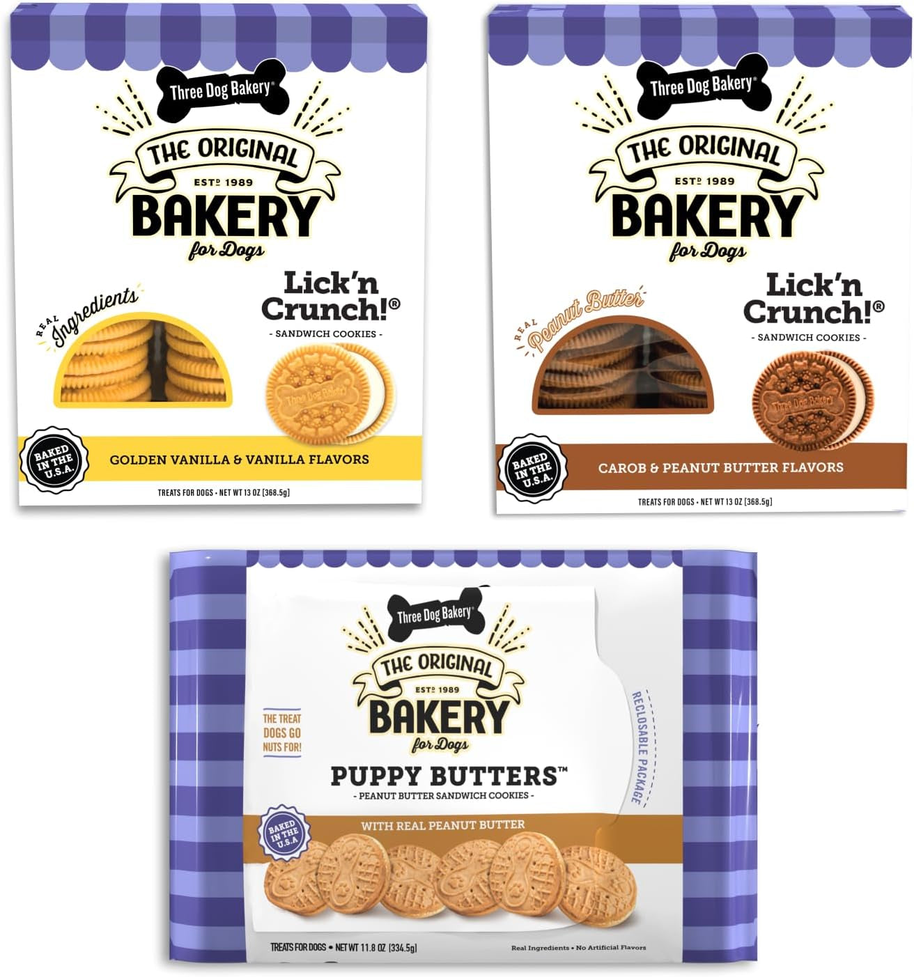 Three Dog Bakery Lick'N Crunch! Sandwich Cookies Variety Pack Premium Treats for Dogs, Carob/Peanut Butter, Golden/Vanilla, & Pupper Butters, 37.8 Ounces, 3-Pack