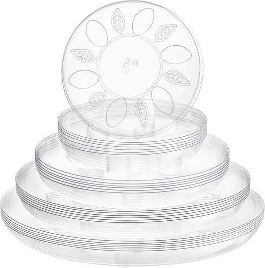 YOUEON 24 Pack Clear Plant Saucers with Feet, 6/8/10/12 Inch Heavy Duty Plastic Plant Drip Trays, Flower Pot Trays, Plant Water Catcher Tray for Indoor & Outdoor Plants, Round, 4 Sizes