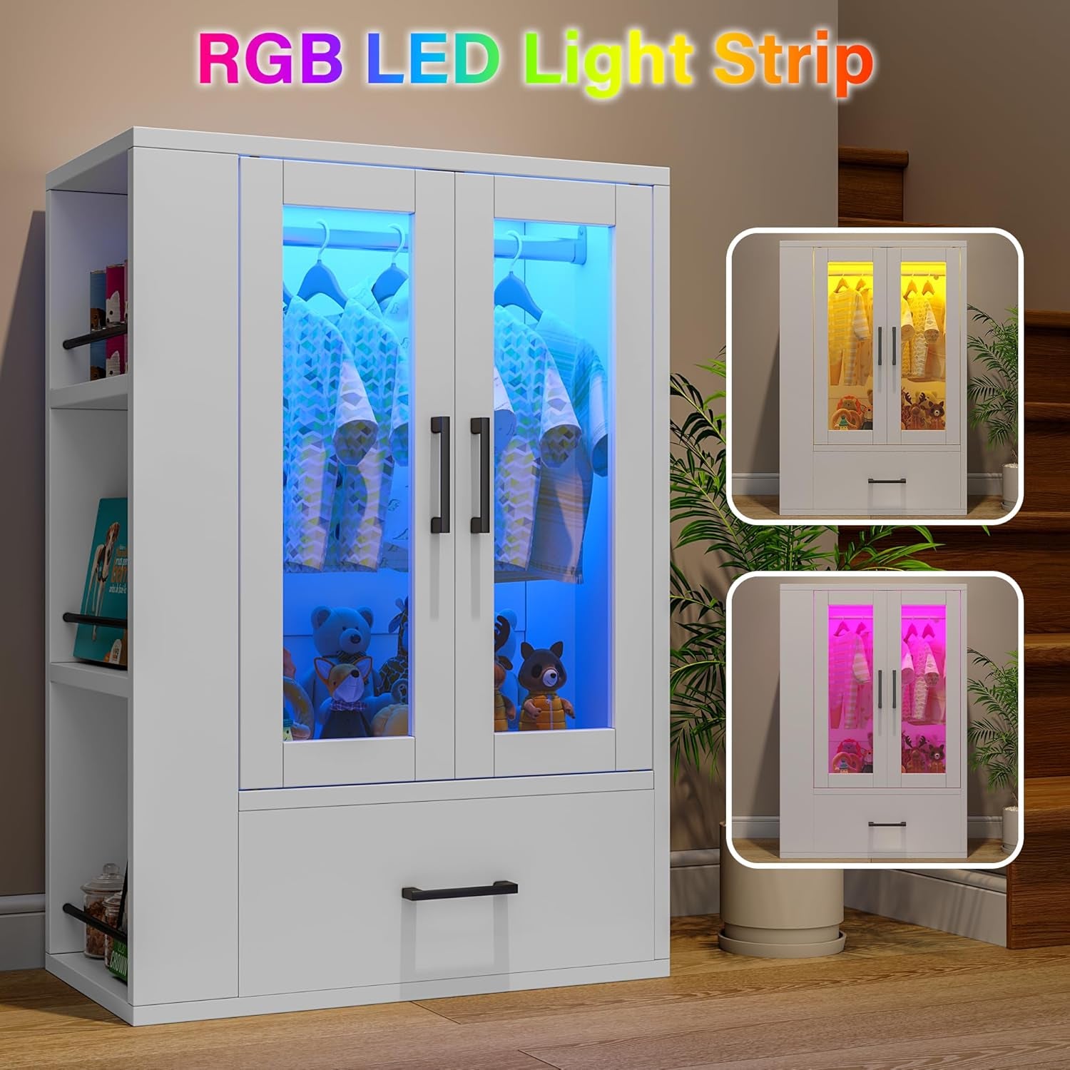 Kepptory Pet Wardrobe Closet with LED Light, Side Storage Shelves & Drawer, White Pet Clothes Organizer Cabinet with Hanging Rod, Multi-Functional Pet Closet for Dogs & Cats Clothing, Toys