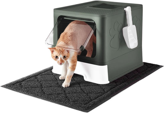 Cat Litter Box with X-Large Litter Mat and Scoop(Upgrade Olive Green)