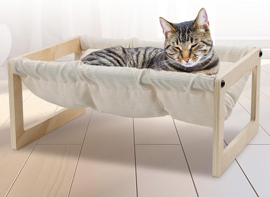 Elevated Cat Bed, Wooden Cat Hammock with Washable Thickened Cozy Cushion
