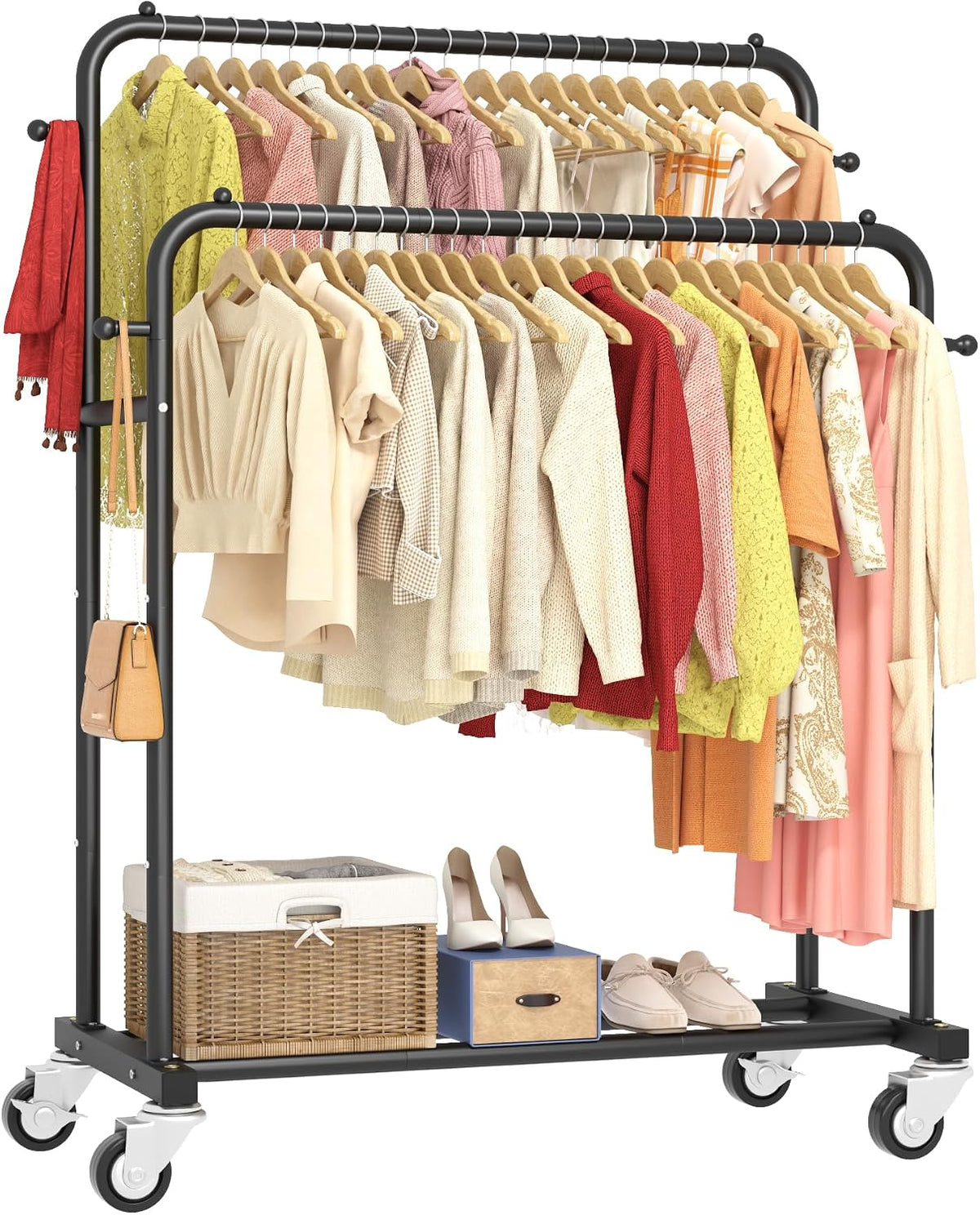 Laiensia Double Rods Garment Rack with Wheels, Clothing Rack for Hanging Clothes,4 Hooks, Multi-Functional Bedroom Clothes Rack, Black
