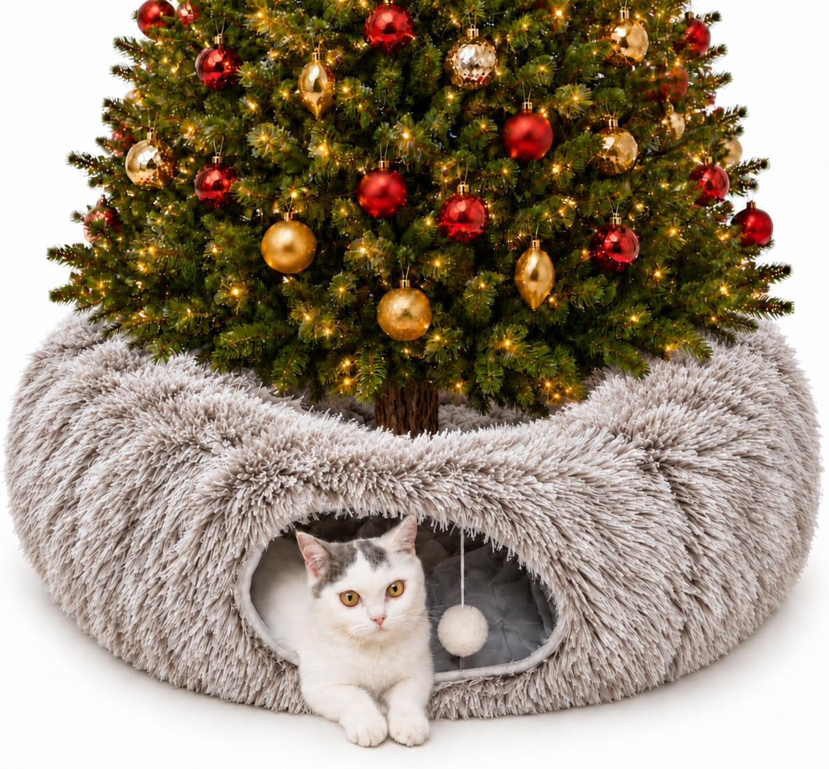 Fluffy Cat Tunnel Bed under Christmas Tree, Plush Warm Brown