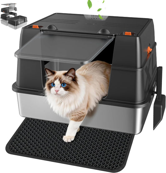 Stainless Steel Litter Box with Lid, High Sided Enclosed Metal Litter Box for Big Cats, Easy Cleaning Anti-Urine Leakage, Non-Sticky Cat Box, Front Entry Top Exit Kittybox, Includes Mat & Scoop