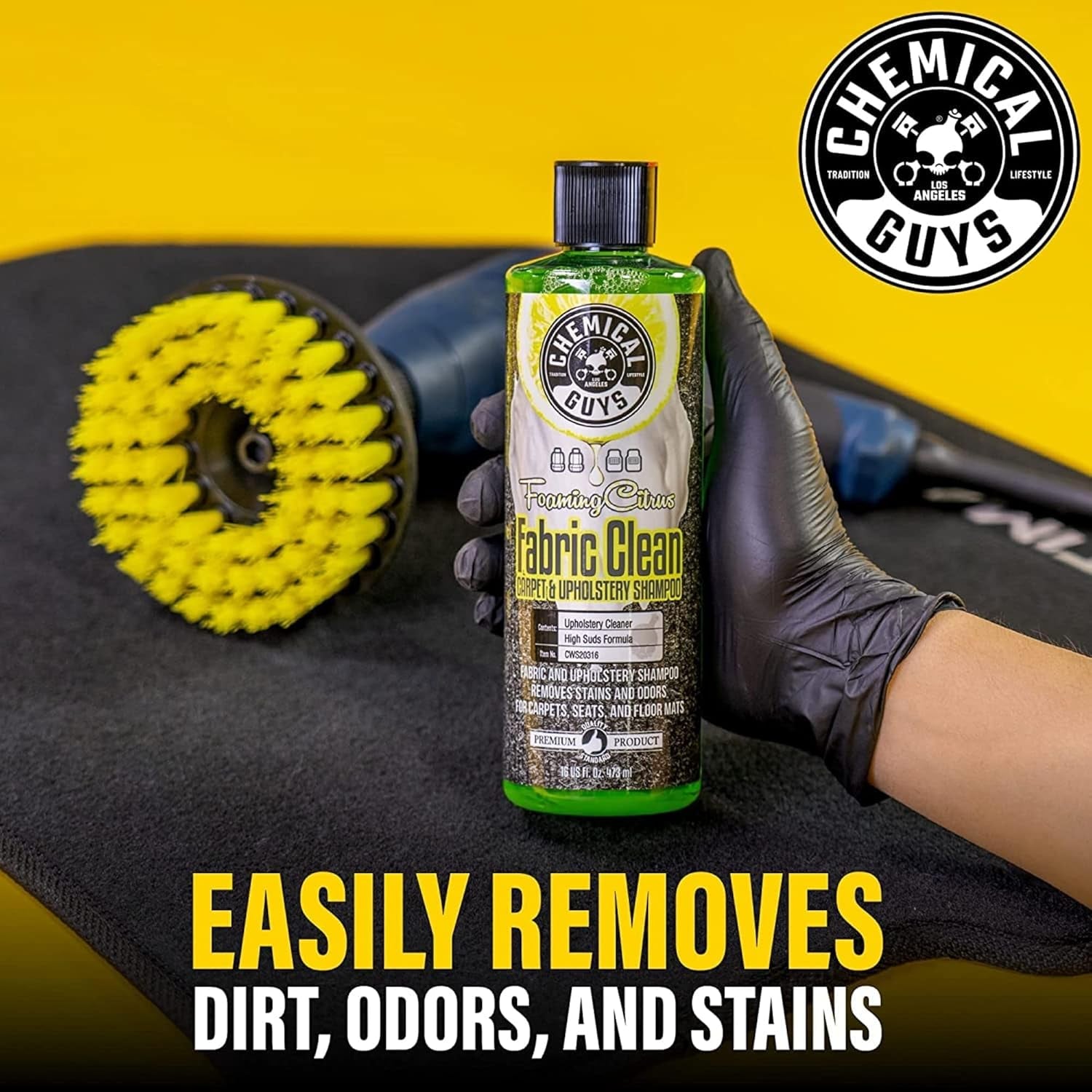 Chemical Guys Foaming Citrus Fabric Clean Drill Brush Kit - High Foaming Stain and Odor Remover, Upholstery, Floor Mat & Car Carpet Cleaner, Deep Cleans & Deodorizes, Citrus Scent - 16 Fl Oz