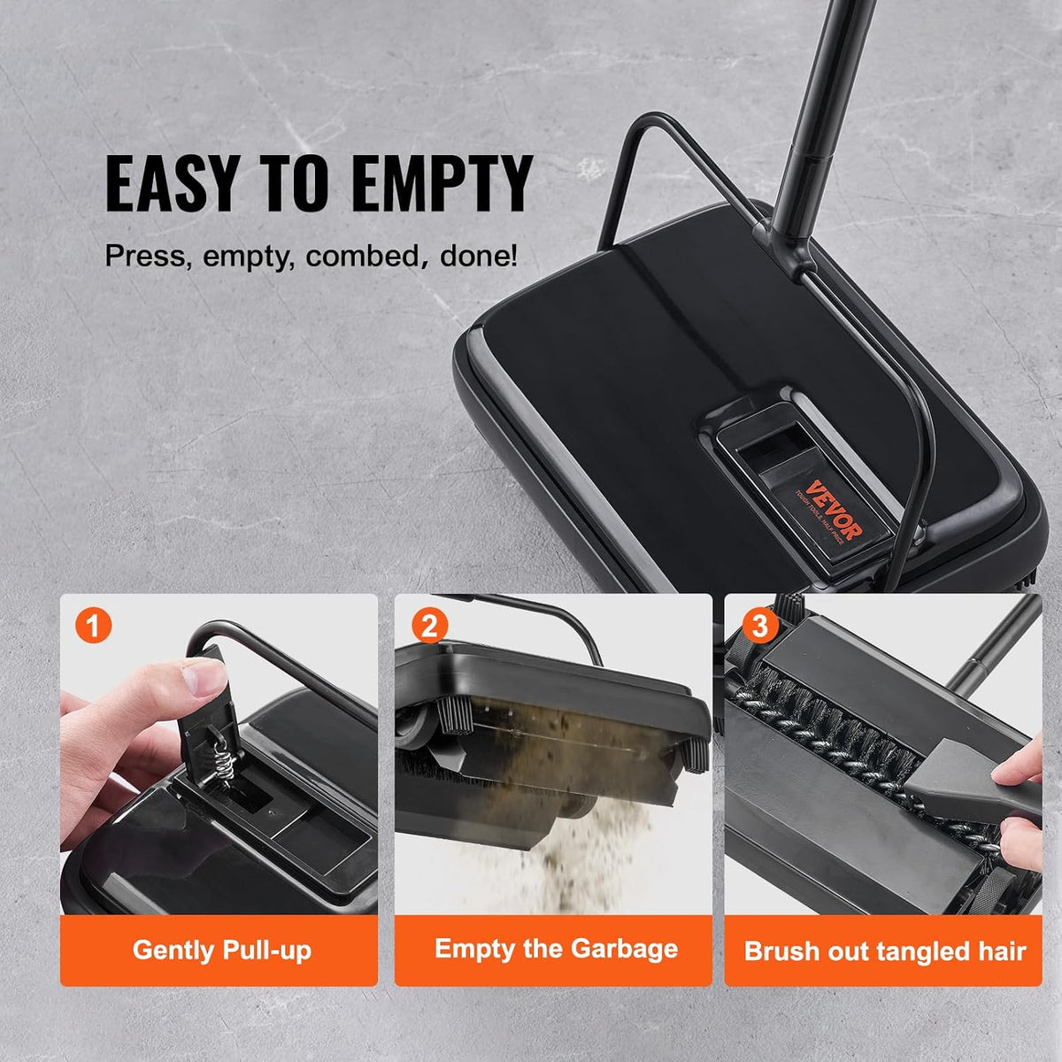 VEVOR Carpet Sweeper Manual, Floor Sweeper with 300 Ml Dustbin Capacity Easy to Empty, for Home Office Carpets Pet Hair Dust, Black