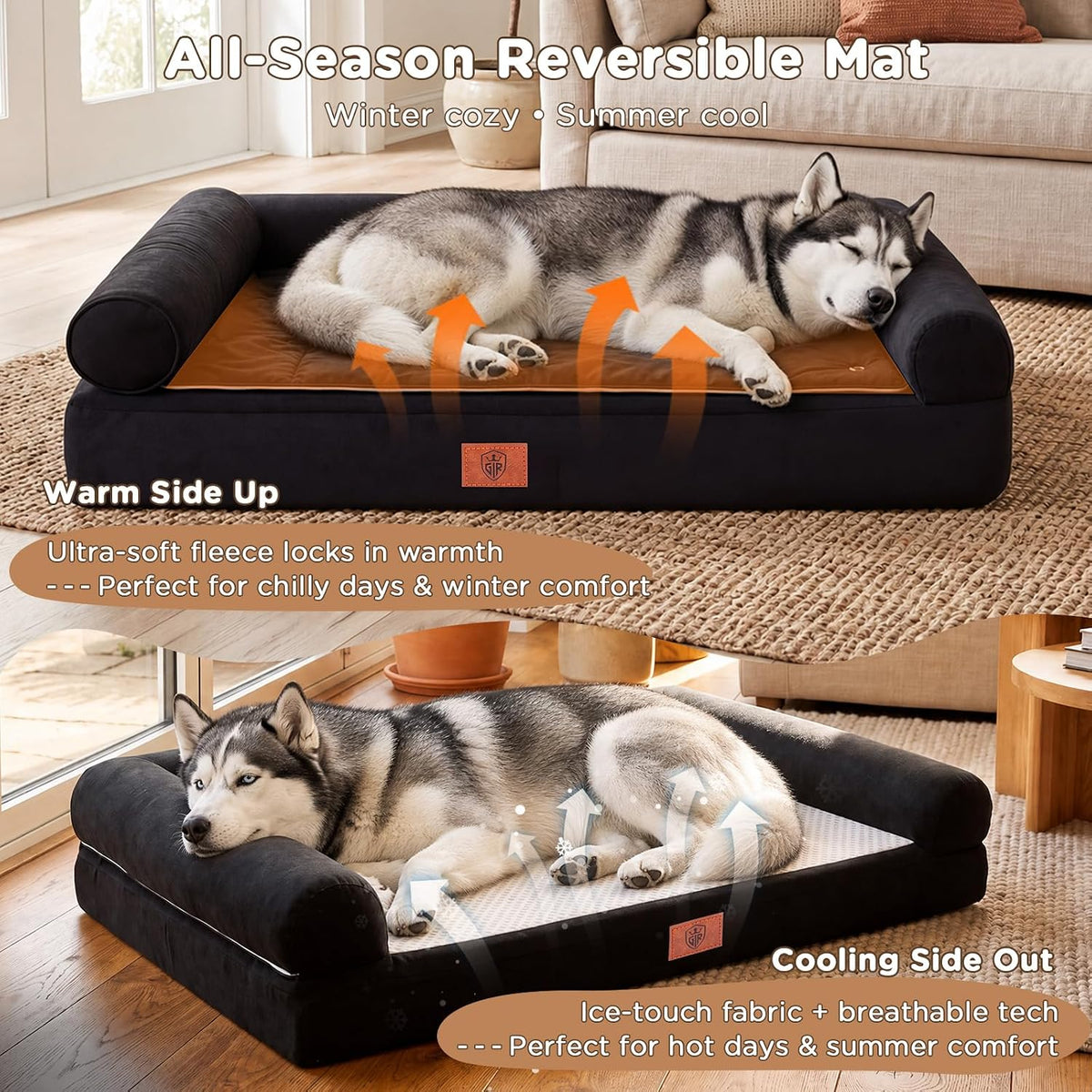 GTPLAYER Dog Bed, Egg-Crate Foam Pressure Relief with Waterproof Washable Pet Bed 43" with 2-In-1 Cooling/Warming Pad, Non-Slip Bottom, Detachable Pillows, Ideal for All Dogs