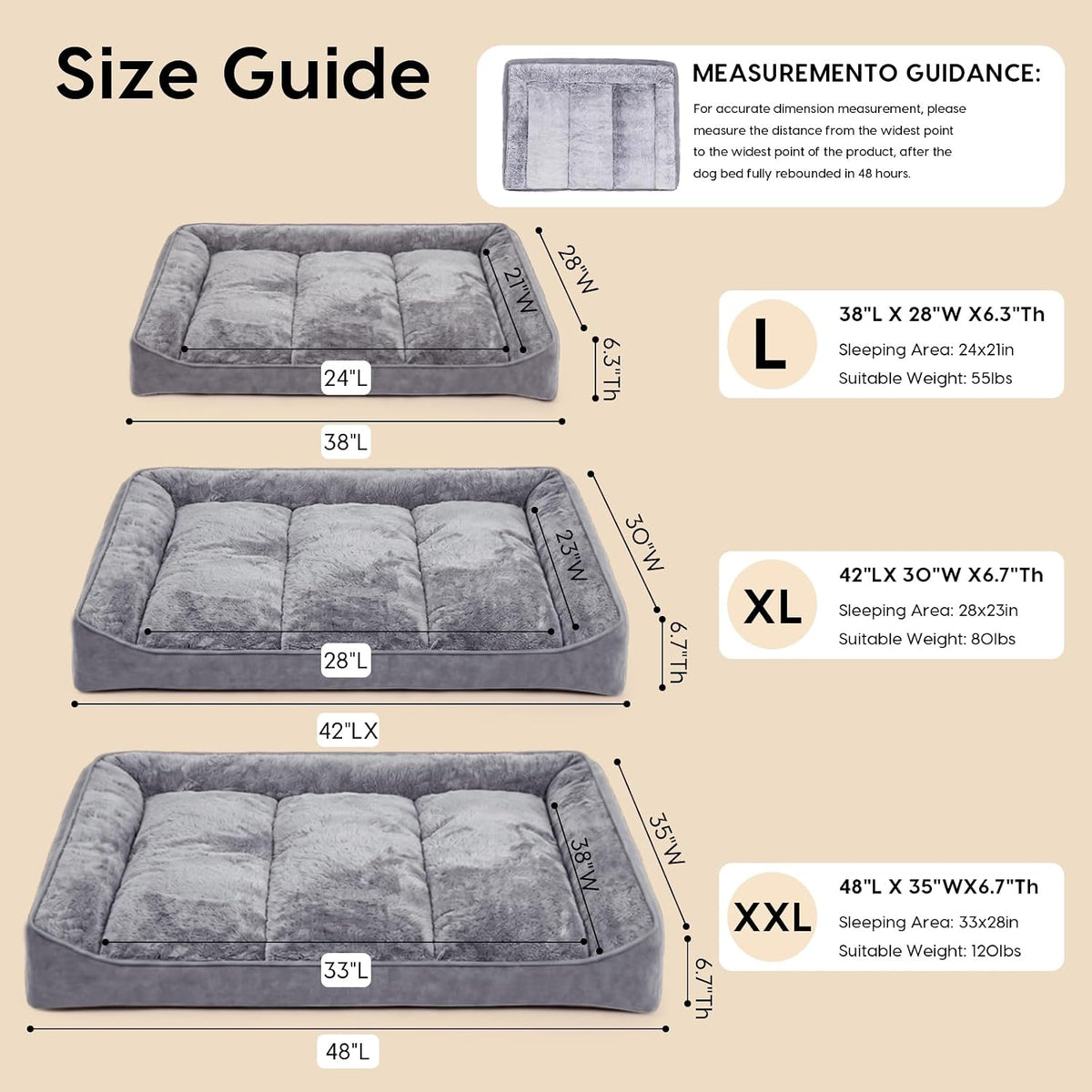 Orthopedic Dog Beds Large Sized Dog, Washable Dog Bed, 42" L, Grey