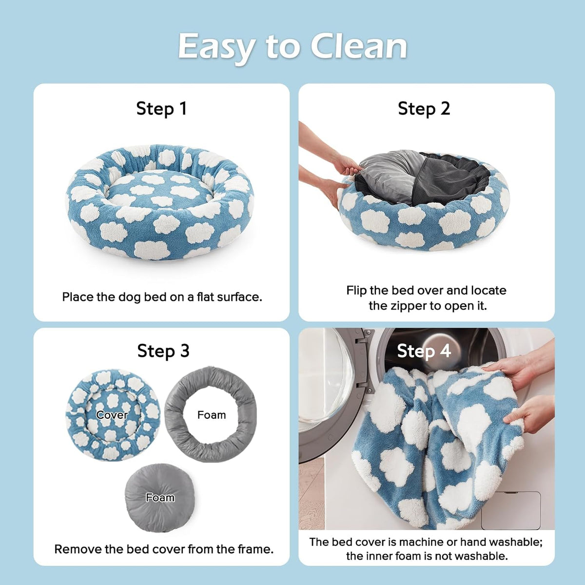 JOEJOY Jacquard Donut round Dog Beds Medium Sized Dog,Blue 30X30X8In, Removable Washable Cover, Cute Pattern, Ultra Soft Fluffy Calming Pet Bed with Thick Supportive Bolster