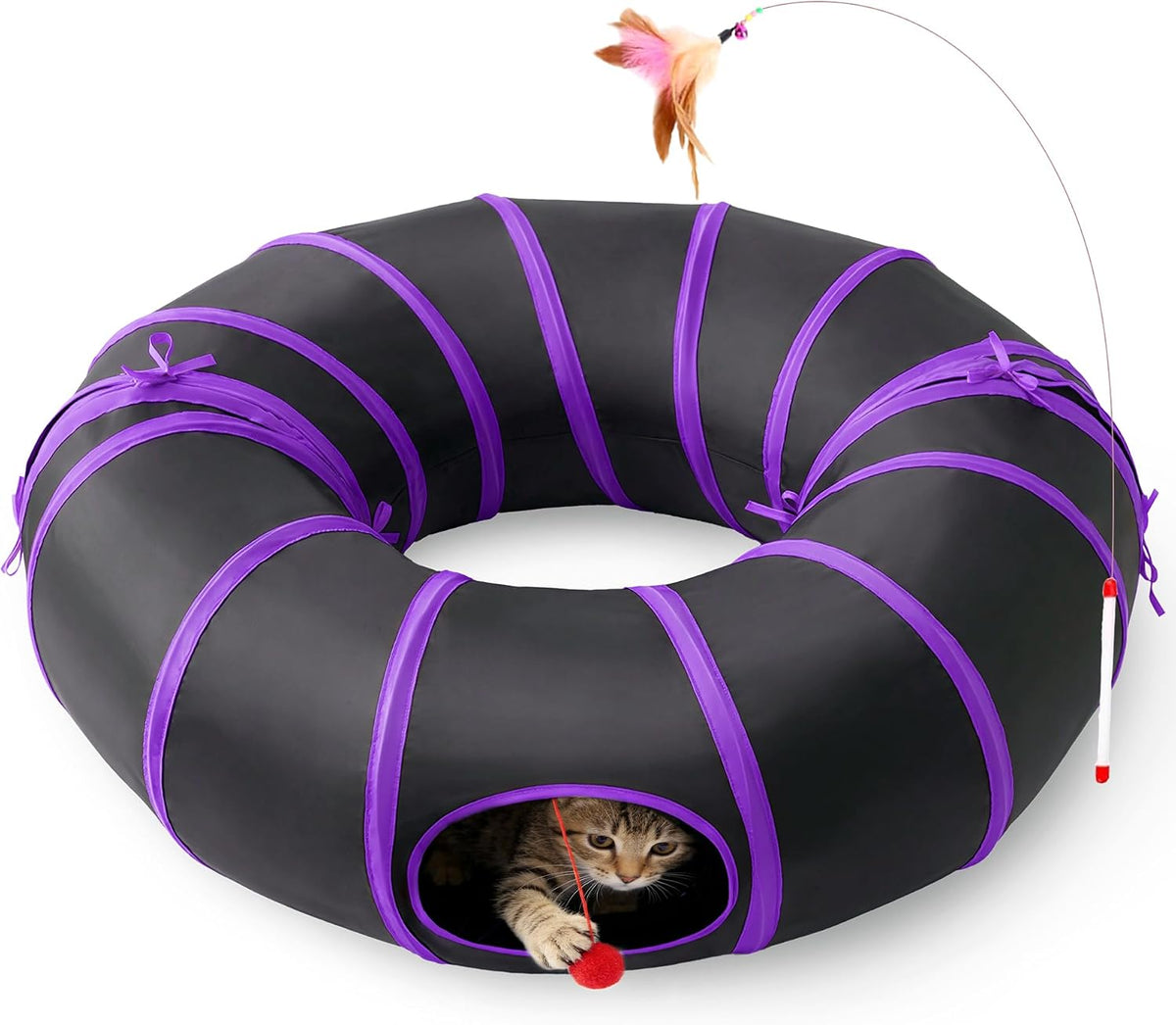 Love'S Cabin round Cat Tunnel for Indoor Cats, Collapsible Pet Play Tunnel with Teaser Wand, Peek Holes & Hanging Ball, Interactive Kitty Tube for Kittens & Rabbits, Purple