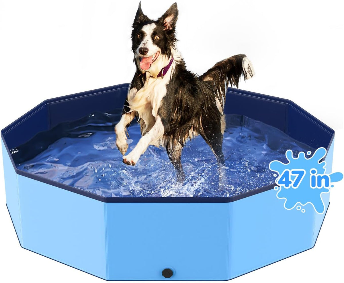 47'' Foldable Dog Pet Bath Pool, Heavy Duty Non-Slip Kiddie Pool, Plastic Pet Wading Pool for Puppy Small Medium Large Dogs, Indoor and Outdoor Kids Pet Dog Bathtub