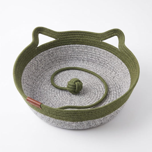 18 in Cat Ear Cotton Rope Cat Bed Basket, Breathable Scratch Nest with Knotted Rope Toy for Indoor Cats & Kittens (Olive Grey)