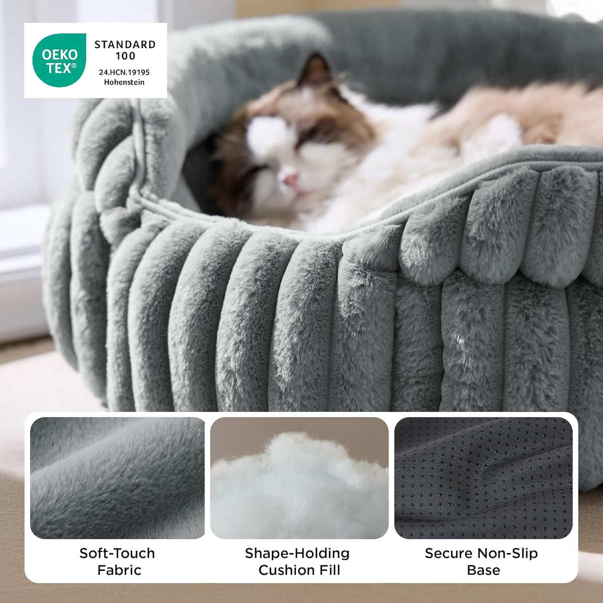 Bedsure Comfyfleece® Washable Cute Cat Bed,Soft round Kitten Bed,20In,Gray