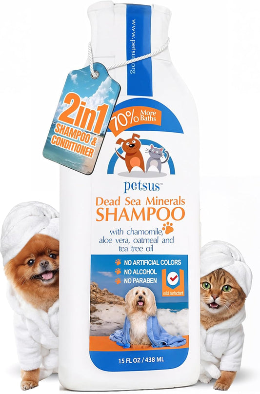 Anti-Itch Relief Dog & Cat Shampoo + Conditioner with Dead Sea Minerals, Hypoallergenic for Sensitive & Allergic Skin, Natural Deodorizing Coat Wash, 15 Fl Oz