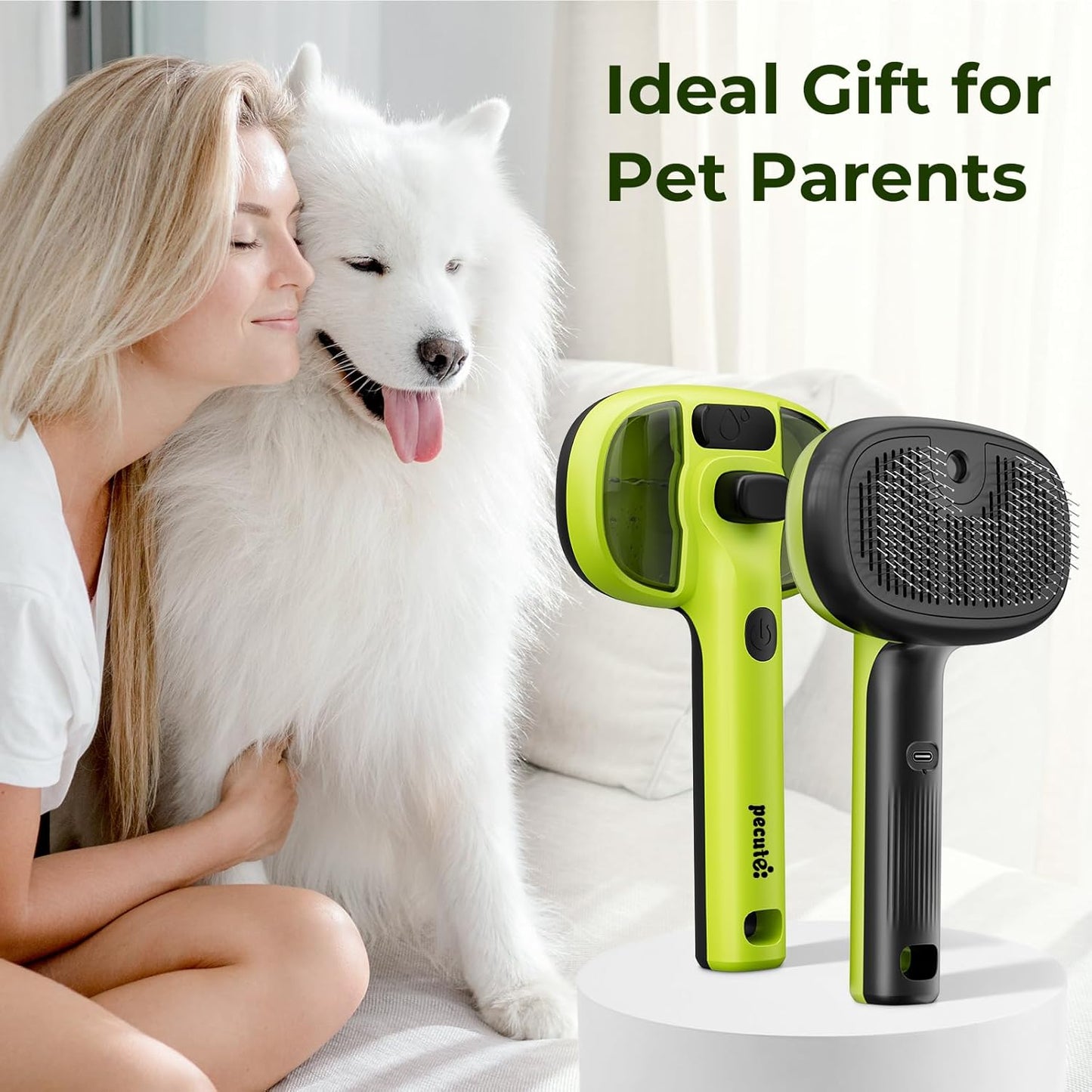 Pecute Self-Cleaning Steam Dog Cat Brush for Heavy Shedding/Long Coats | Gentle, Undercoat Removal & Smoothing, Shedding Control, for Water-Anxious Pets, 2 Cool Mist Modes, XL Tank