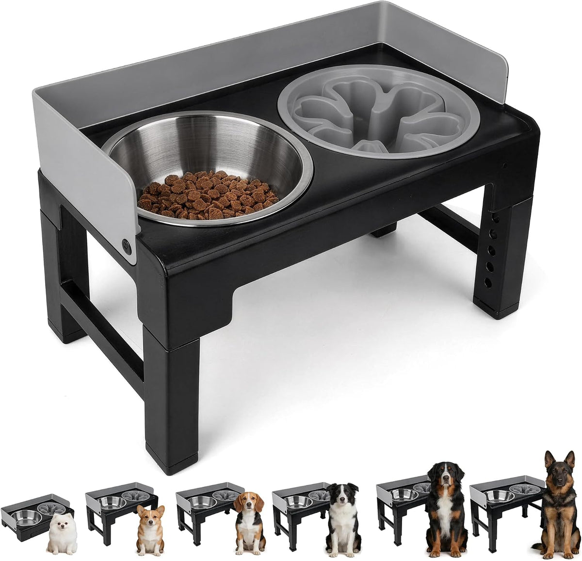 PAWISE Elevated Dog Bowl Stand, Raised Dog Feeding Station with 6 Adjustable Heights, 1 Slow Feeder & 2 Stainless Steel Bowls, Splash-Proof for Small Medium Large Dogs