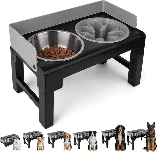 PAWISE Elevated Dog Bowl Stand, Raised Dog Feeding Station with 6 Adjustable Heights, 1 Slow Feeder & 2 Stainless Steel Bowls, Splash-Proof for Small Medium Large Dogs