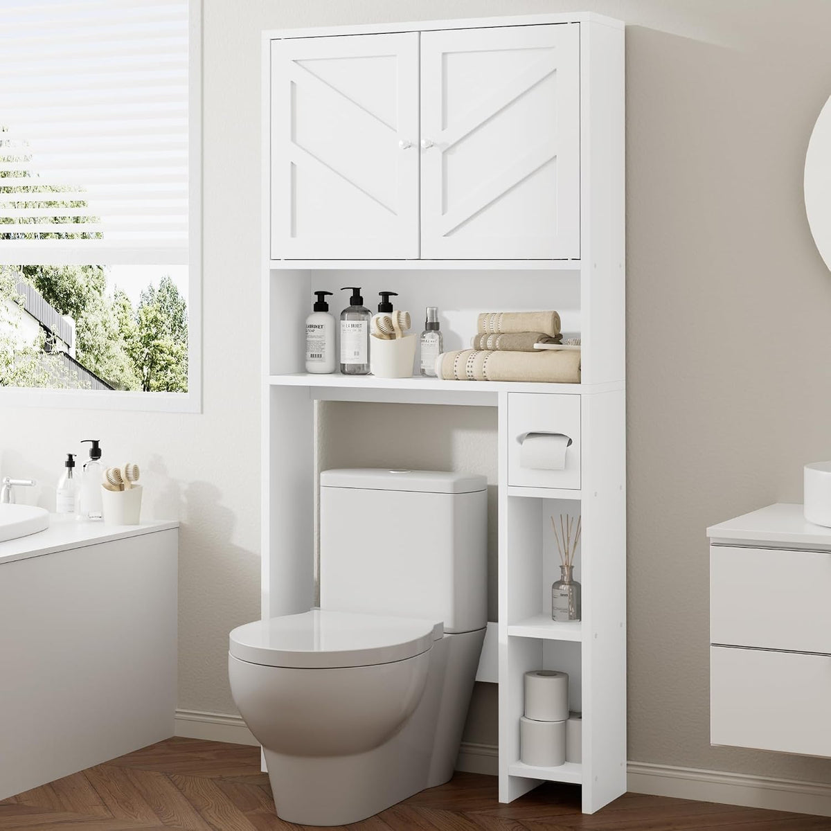Bathroom Storage Cabinet over Toilet with Toilet Paper Holder Stand, Freestanding Bathroom Storage Organizer Cabinet Space Saver W/Adjustable Shelf, White