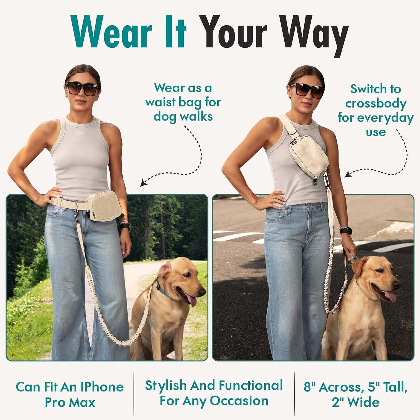 Hands Free Dog Leash with Dog Treat Pouch - Stylish & Trendy Waist Leash for Dog Walking - Wear around the Waist or Crossbody - Durable & Detachable - Shock Absorbing - Waste Bag Dispenser