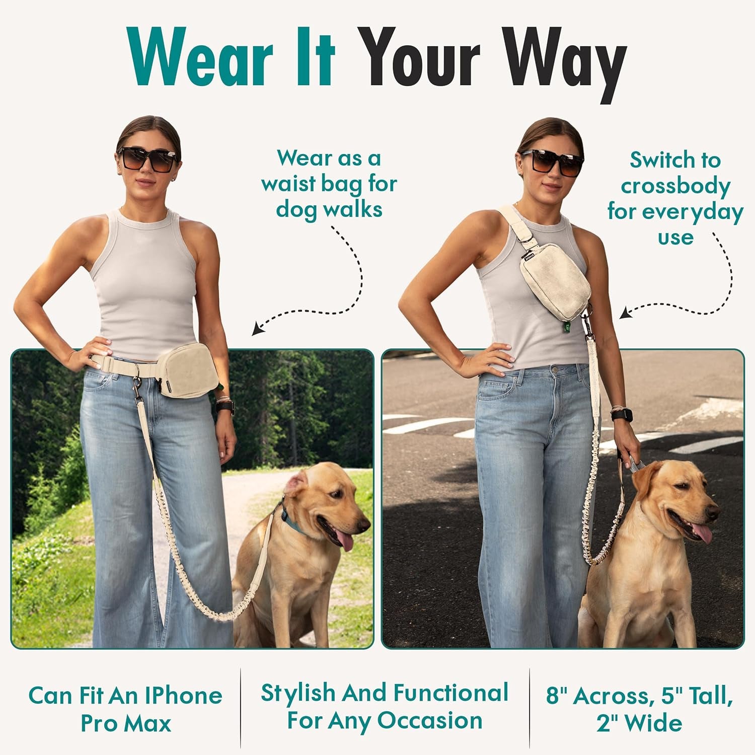 Hands Free Dog Leash with Dog Treat Pouch - Stylish & Trendy Waist Leash for Dog Walking - Wear around the Waist or Crossbody - Durable & Detachable - Shock Absorbing - Waste Bag Dispenser
