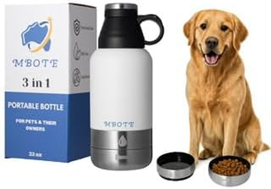 3-In-1 Portable Dog Water Bottle, 32Oz Stainless Steel Insulated, Includes 2 Collapsible Bowls - Leakproof Travel Water Dispenser for Dogs