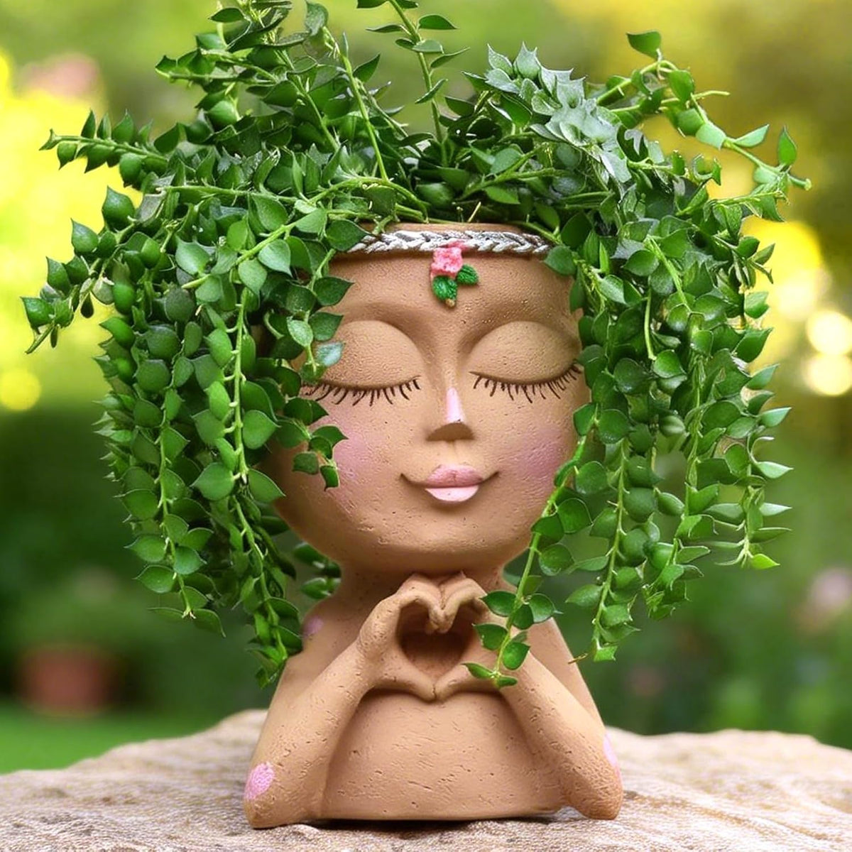 Face Planter Pot with Heart Hands Indoor Plants Resin Head Planter, Brown